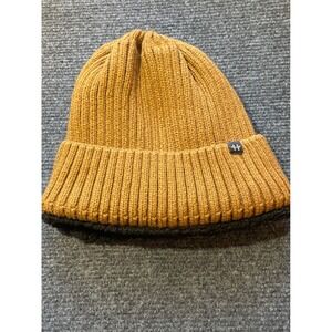 Hot Paws Mustard Tan Ribbed Knit Beanie Faux Shearling Lined Cuffed Winter Hat